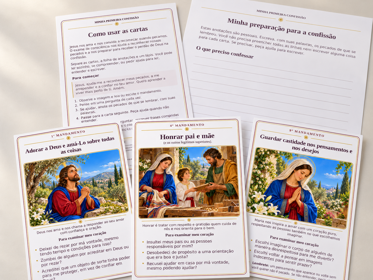 Seleção de cartas, páginas do guia e folha de anotações de Minha Primeira Confissão.