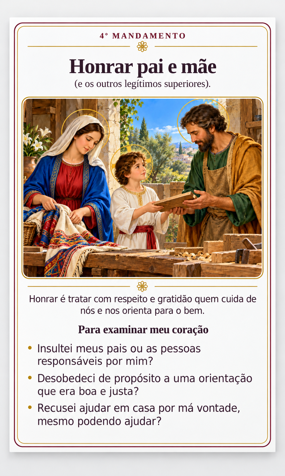Carta do quarto mandamento com a Sagrada Família e perguntas para o exame de consciência.