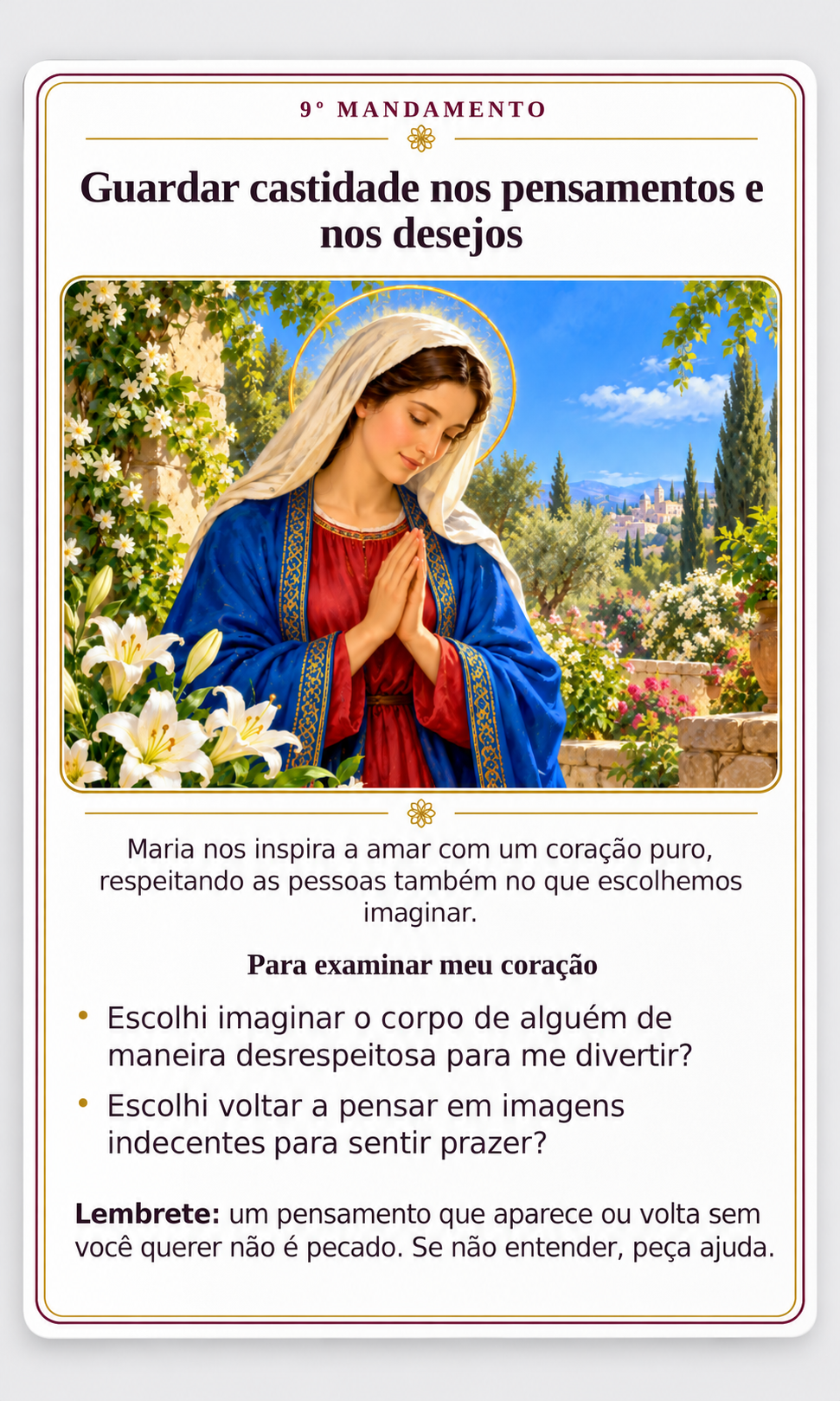 Carta do nono mandamento com Maria em oração e lembrete sobre pensamentos involuntários.