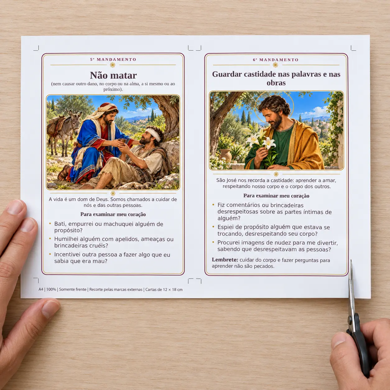 Mãos de um adulto recortando as cartas impressas em uma folha A4.
