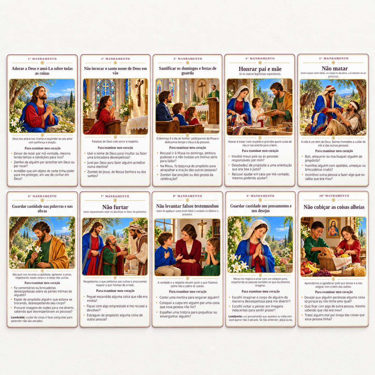 As dez cartas ilustradas dos mandamentos organizadas em duas fileiras.